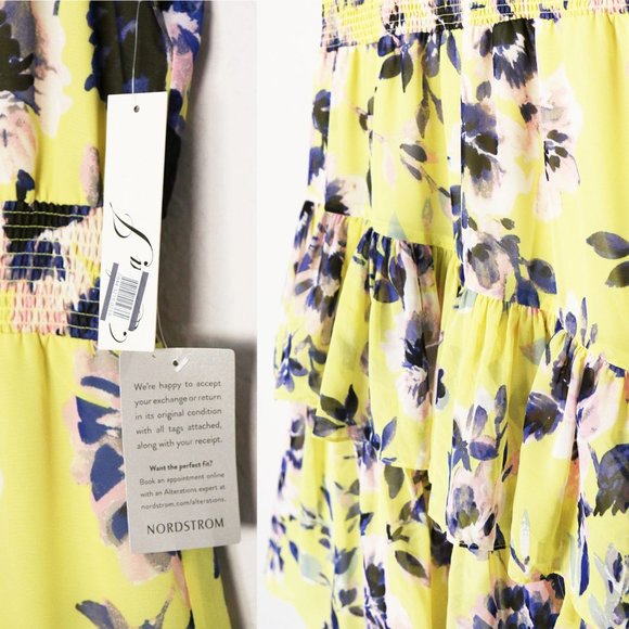 NEW Eliza J Floral Asymmetric Tiered Dress Plus 18 Citrus Yellow Halter - Picture 9 of 16